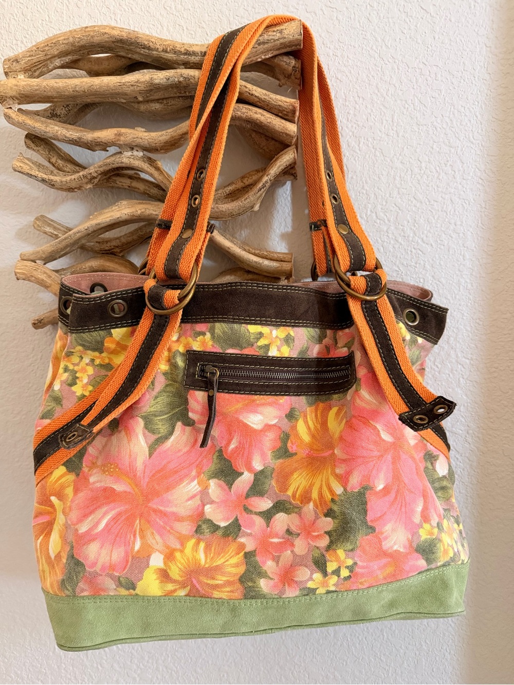 XLG LUCKY vintage inspired Floral Canvas LEATHER Tote Bag Purse weekender